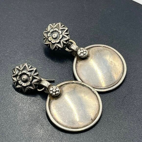 Vintage Sterling Silver Aztec Floral Heavy Double Drop Dangle Earrings 16 grams - Picture 1 of 10